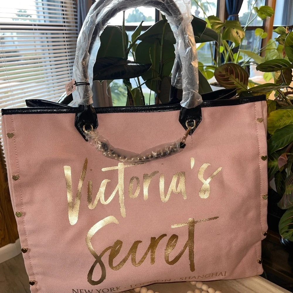 VICTORIA SECRET Gold Chain Leather Black Handle Tote In Pink/Gold - Picture 6 of 9